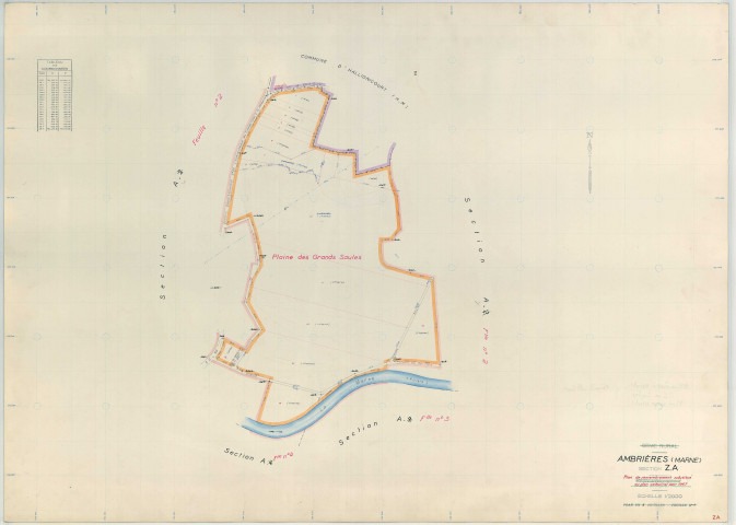 Ambrières (51008). Section ZA échelle 1/2000, plan remembré pour 1986 (extension sur chantier Éclaron-Braucourt), plan régulier (papier armé)