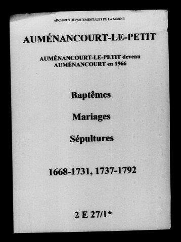 Auménancourt-le-Petit. Baptêmes, mariages, sépultures 1668-1792