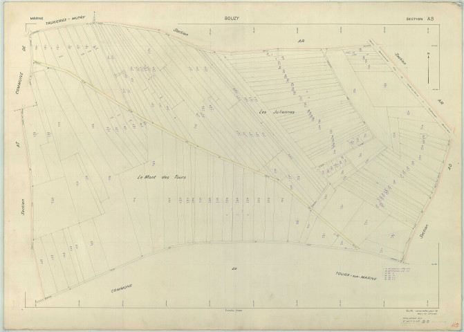 Bouzy (51079). Section AS échelle 1/1000, plan renouvelé pour 1958, plan régulier (papier armé).