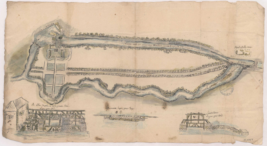 Anglure pour les Cabanel contre les Mrs Debour et les mariniers de la rivière d'Aube. Plan du pont et de la grande vanne, 1739.