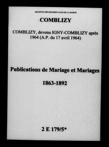 Comblizy. Publications de mariage, mariages 1863-1892
