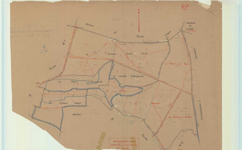 Bouvancourt (51077). Section B2 échelle 1/2500, plan mis à jour pour 1933, plan non régulier (papier).
