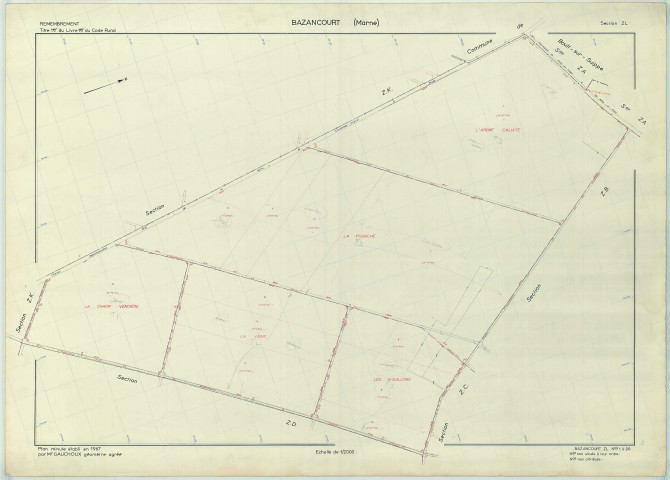 Bazancourt (51043). Section ZL échelle 1/2000, plan renouvelé pour 1967, plan régulier (papier armé).