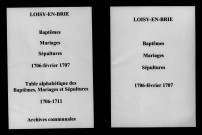 Loisy-en-Brie. Baptêmes, mariages, sépultures et tables de baptêmes, mariages, sépultures 1706-1711