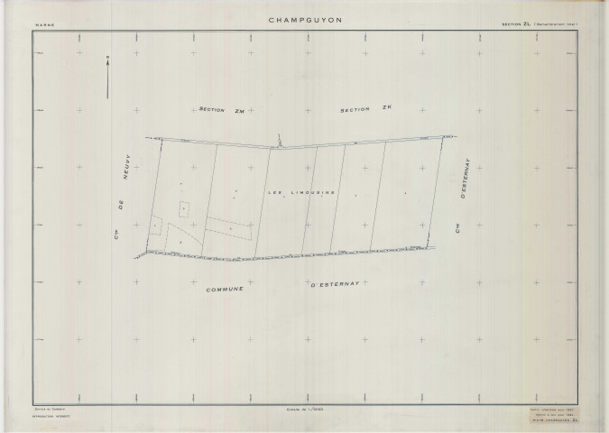 Champguyon (51116). Section ZL échelle 1/2000, plan remembré pour 01/01/1967, régulier avant 20/03/1980 (calque)