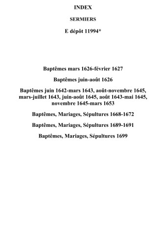 Sermiers. Baptêmes, mariages, sépultures 1626-1699