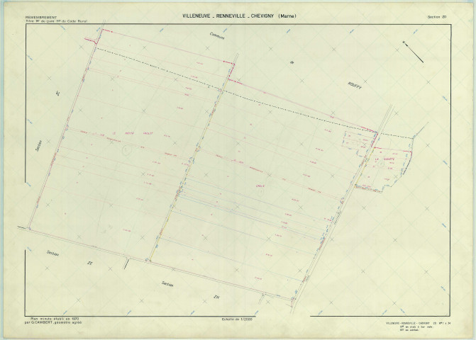 Villeneuve-Renneville-Chevigny (51627). Section ZD échelle 1/2000, plan remembré pour 1970, plan régulier (papier armé)