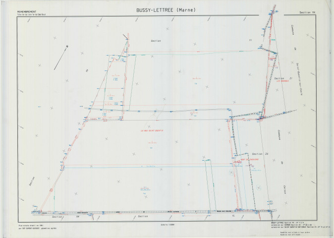 Bussy-Lettrée (51099). Section YK échelle 1/2000, plan remembré pour 1991 (extension sur Cernon ZA et Saint-Quentin-sur-Coole ZI), plan régulier (calque)