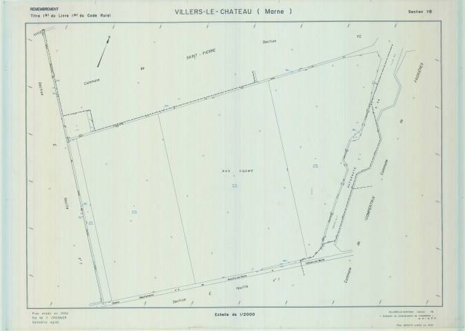 Villers-le-Château (51634). Section YB échelle 1/2000, plan remembré pour 1992, plan régulier (calque)