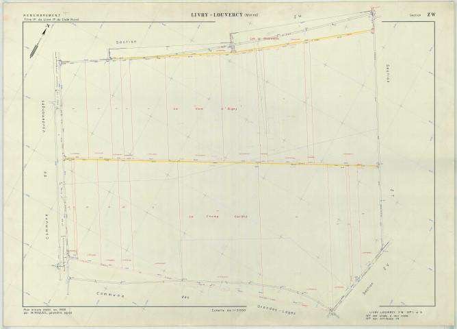 Livry-Louvercy (51326). Section ZW échelle 1/2000, plan remembré pour 1968, plan régulier (papier armé)