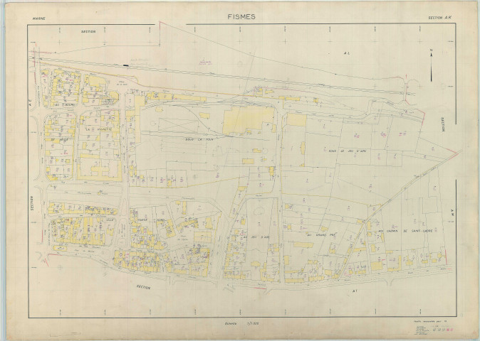 Fismes (51250). Section AK échelle 1/1000, plan renouvelé pour 1966, plan régulier (papier armé).
