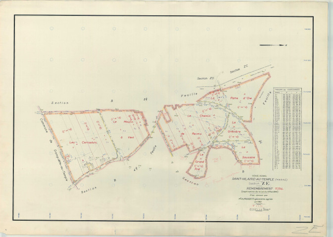 Saint-Hilaire-au-Temple (51485). Section ZE échelle 1/2000, plan remembré pour 1963, plan régulier (papier armé)