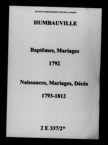 Humbauville. Naissances, mariages, décès 1792-1812