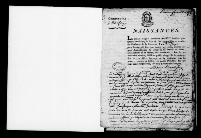 Marfaux. Naissances, mariages, décès, publications de mariage 1793-an X