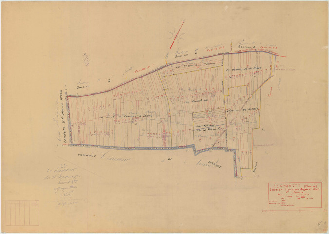 Clamanges (51154). Section F1 échelle 1/2500, plan mis à jour pour 1938, plan non régulier (papier)
