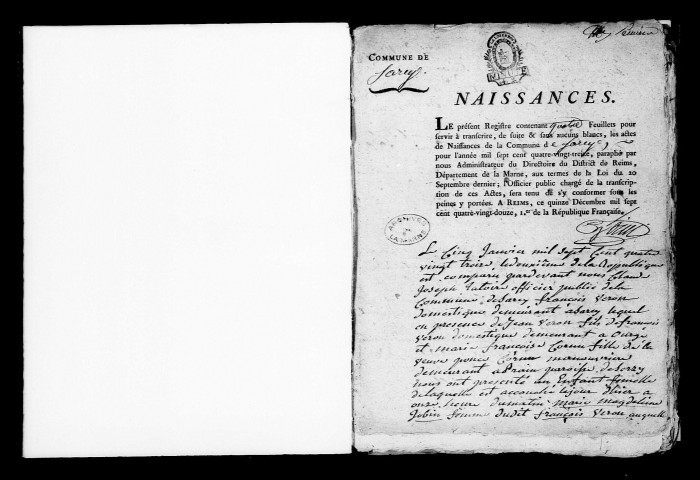 Sarcy. Naissances, mariages, décès, publications de mariage 1793-an X