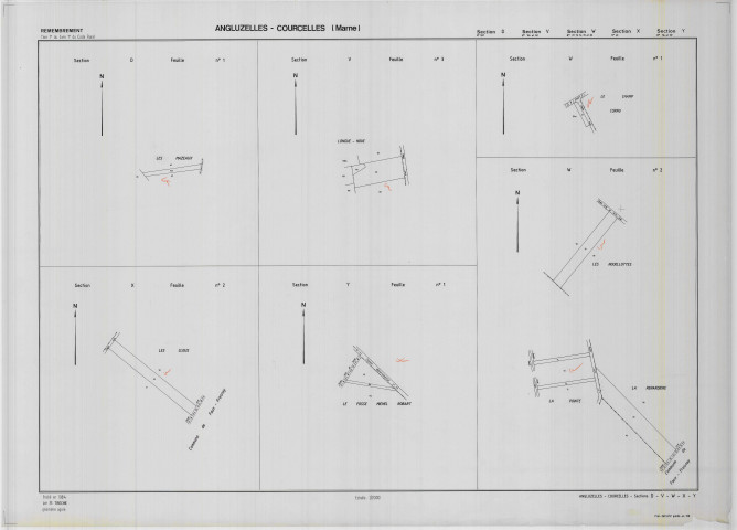 Angluzelles-et-Courcelles (51010). Section DVWXY échelle 1/2000, plan remembré pour 01/01/1984, plan régulier de qualité P5. Partie des Sections D-V-W-X-Y (calque)