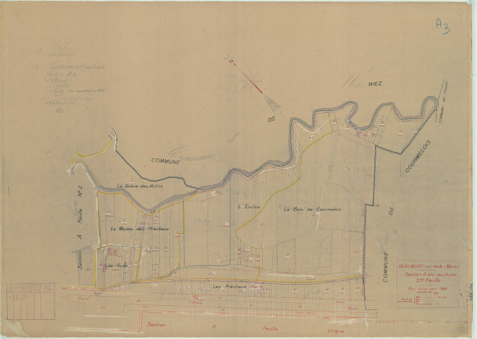Beaumont-sur-Vesle (51044). Section A3 échelle 1/1250, plan mis à jour pour 1949, plan non régulier (papier).