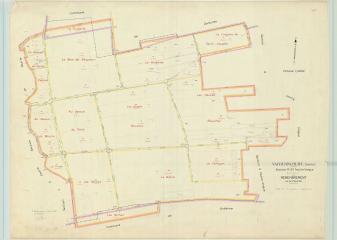 Vaudesincourt (51600). Section W1 échelle 1/2000, plan remembré pour 1956, plan régulier (papier).