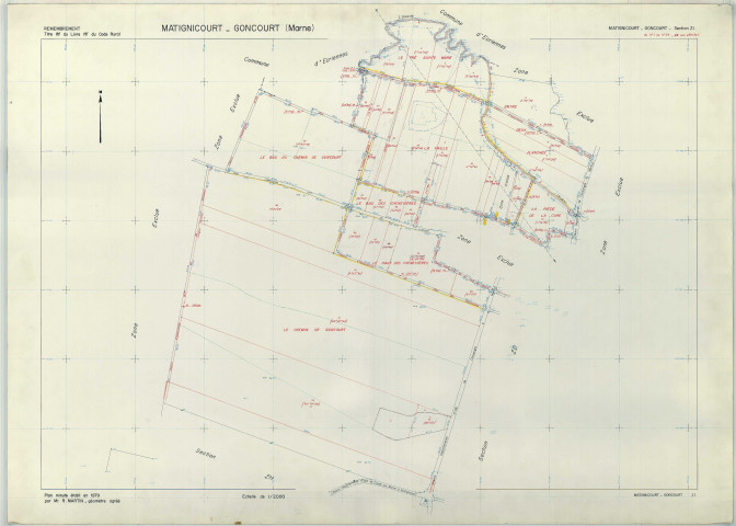 Matignicourt-Goncourt (51356). Section ZI échelle 1/2000, plan remembré pour 1979, plan régulier (papier armé)