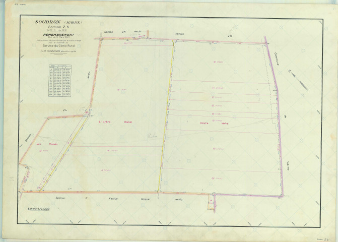 Soudron (51556). Section ZS 2 échelle 1/2000, plan remembré pour 1969, plan régulier (papier armé)