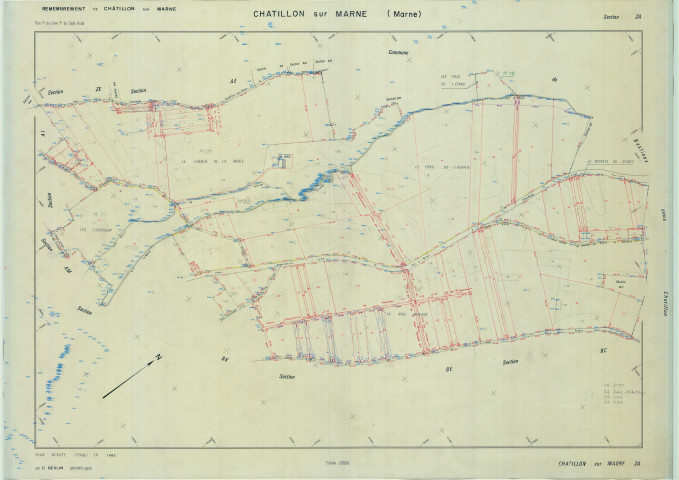 Châtillon-sur-Marne (51136). Section ZA échelle 1/2000, plan remembré pour 1987, plan régulier de qualité P5 (calque).