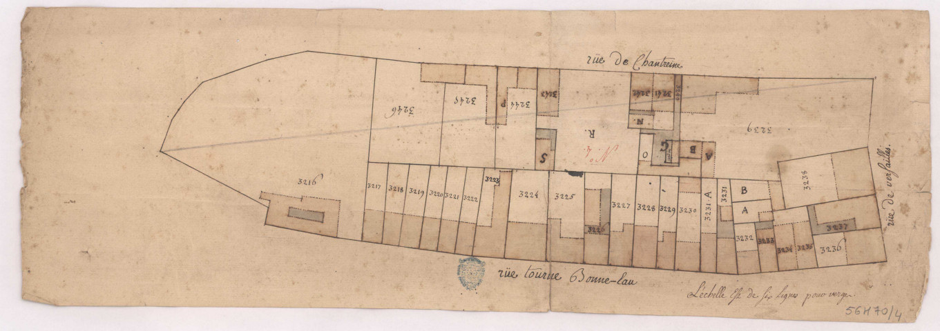 Plan du ban Saint-Remi , n ° 4 : rue de Chantreine, rue de Versailles, rue tourne Bonne-Eau à Reims (XVIIIe s.)