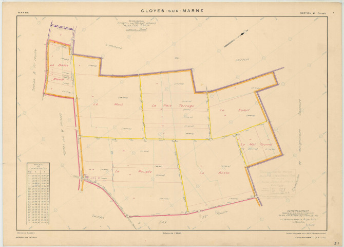 Cloyes-sur-Marne (51156). Section Z1 échelle 1/2000, plan remembré pour 1952 (ancienne section A1), plan régulier (papier)