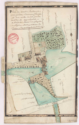 Plan du moulin et fouleries de Boult-sur-Suippe, avec les bâtiments, terrains; cours d'eau qui en dépendent (1782), Nicolas Brapart