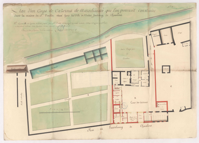 Plan d'un corps de cazernes de maréchaussée que l'on pourrait construire dans la maison de Sr Doublet situé hors la ville de Vertus faubourg de Chaalons, dréssé par M. l'ingénieur De Closet, 1773.