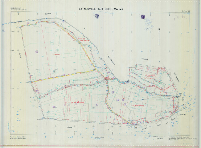 Neuville-aux-Bois (La) (51397). Section ZD échelle 1/2000, plan remembré pour 1980 (extension sur Vieil-Dampierre section YA), plan régulier (calque)