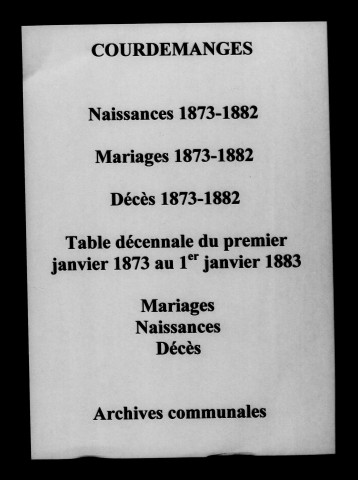 Courdemanges. Naissances, mariages, décès et tables décennales des mariages, naissances, décès 1873-1882