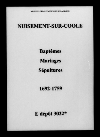 Nuisement-sur-Coole. Baptêmes, mariages, sépultures 1692-1759