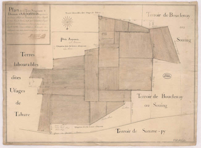 Plan de la terre, seigneurie et dixmerie d'Anjorrois sise à Sommepy-Tahure, appartenant à l'abbaye St Pierre-les-Dames (1770), Villain