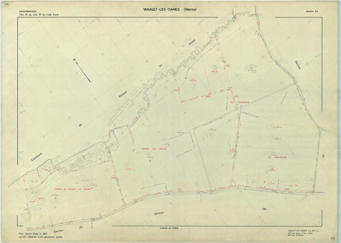 Vanault-les-Dames (51590). Section ZA échelle 1/2000, plan remembré pour 1965, plan régulier (papier armé)