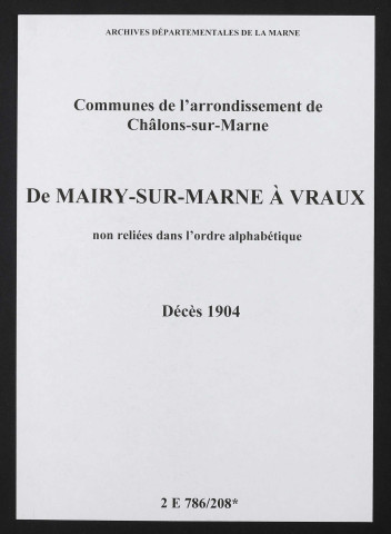 Communes de Mairy-sur-Marne à Vraux de l'arrondissement de Châlons. Décès 1904