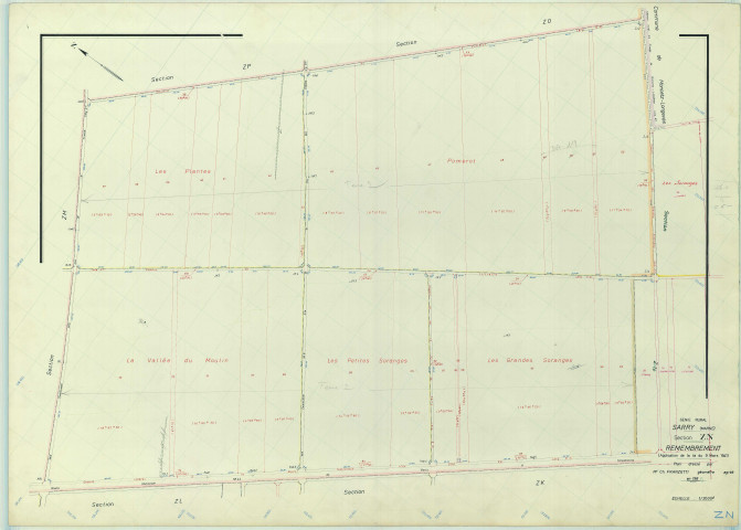 Sarry (51525). Section ZN échelle 1/2000, plan remembré pour 1968, plan régulier (papier armé)