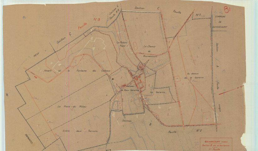 Bouvancourt (51077). Section B1 échelle 1/2500, plan mis à jour pour 1933, plan non régulier (papier).