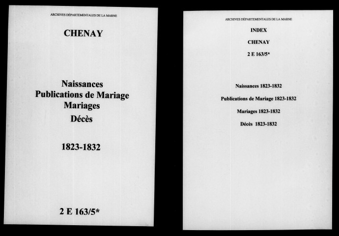 Chenay. Naissances, publications de mariage, mariages, décès 1823-1832