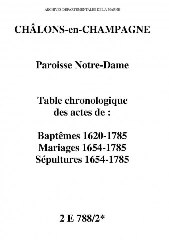 Châlons-sur-Marne. Notre Dame. Table chronologique des baptêmes, mariages, sépultures 1620-1785