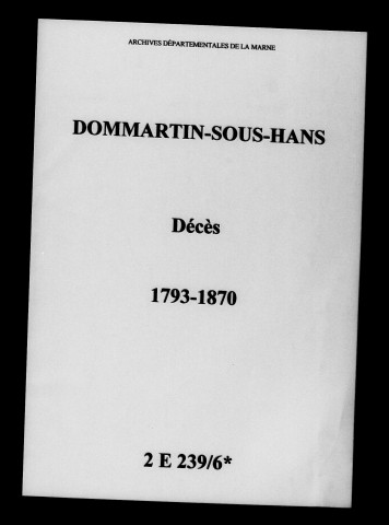 Dommartin-sous-Hans. Décès 1793-1870