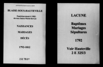 Blaise-sous-Hauteville. Baptêmes, mariages, sépultures puis naissances, mariages, décès 1792-1812