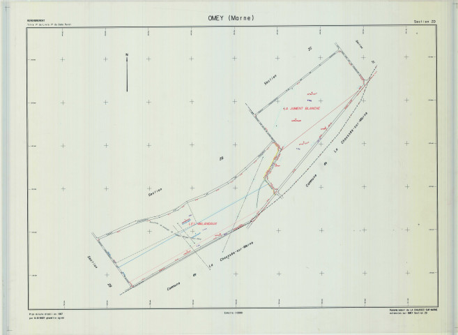 Omey (51415). Section ZD échelle 1/2000, plan remembré pour 1987 (remembrement de la Chaussé-sur-Marne), plan régulier (calque)