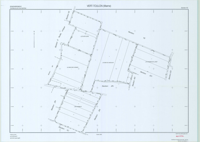 Vert-Toulon (51611). Section YD échelle 1/2000, plan remembré pour 2010 (rectification), plan régulier (papier)