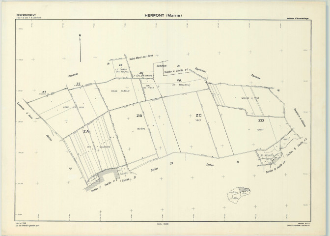 Herpont (51292). Tableau d'assemblage échelle 1/5000, plan remembré pour 1968 (zone nord-ouest), plan régulier (papier)