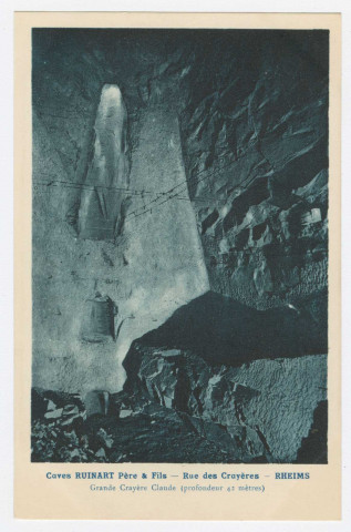 REIMS. Caves Ruinart Père & Fils. Rue des Crayères. Rheims. Grande Crayère (profondeur 42 mètres).
(51 - Reimsphototypie J. Bienaimé).Sans date