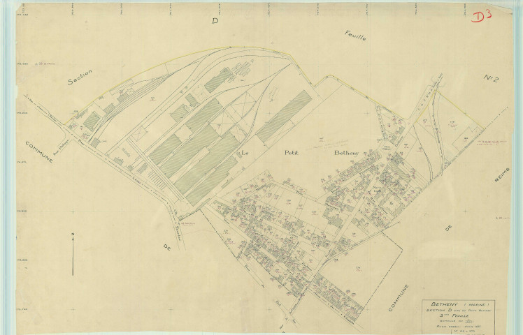 Bétheny (51055). Section D3 échelle 1/1250, plan refait pour 1951, plan régulier (papier).