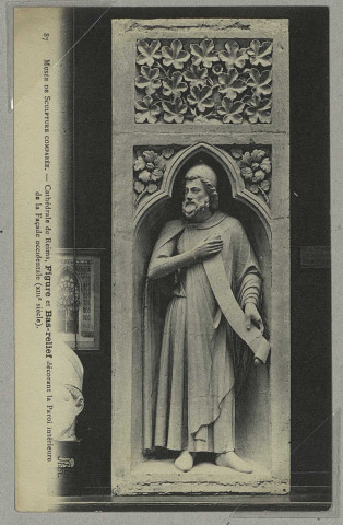 REIMS. 87. Musée de sculpture comparée. Cathédrale de Reims, Figure et Bas-relief décorant la Paroi intérieure de la façade occidentale (XIIIe siècle) / N.D., Phot.