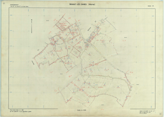 Vanault-les-Dames (51590). Section ZK échelle 1/2000, plan remembré pour 1965, plan régulier (papier armé)