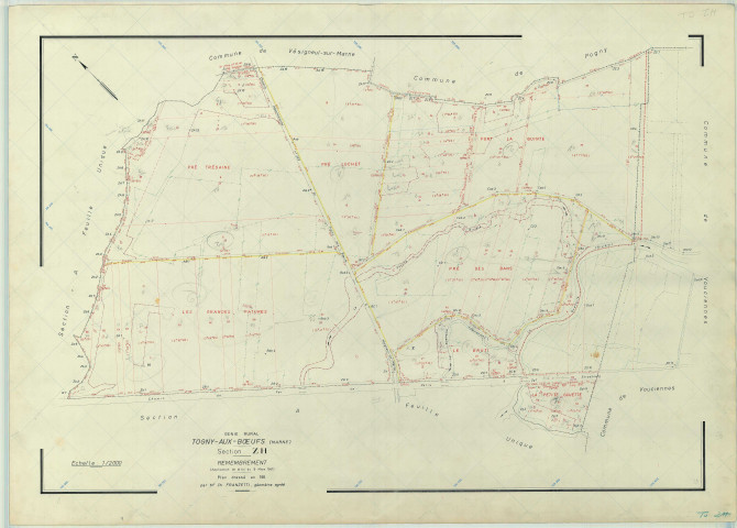 Togny-aux-Bœufs (51574). Section ZH échelle 1/2000, plan remembré pour 1969, plan régulier (papier armé)